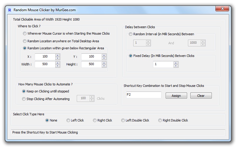 Main Screen of Mouse Automation Software with Random and Fixed delay and location options